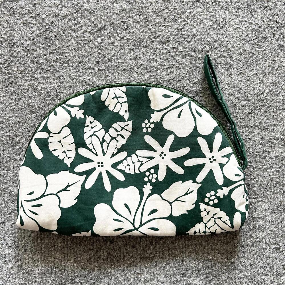 Vintage Handmade Hawaiian Green Tiare Hibiscus Floral Makeup Pouch Bag